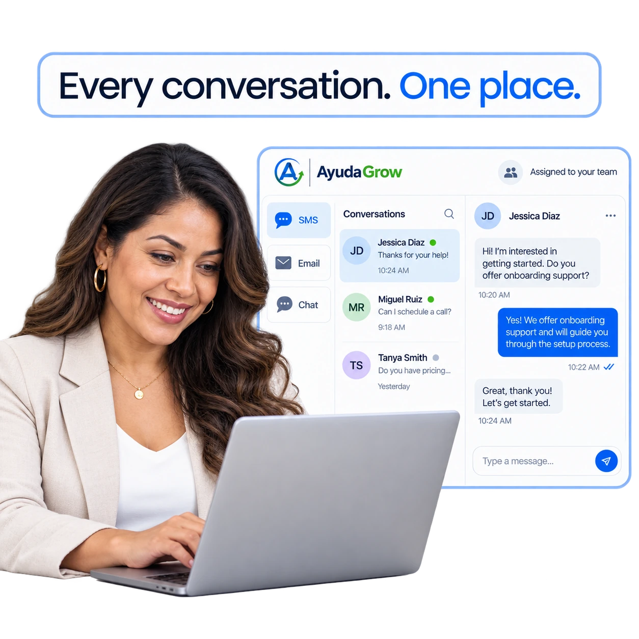 Shared conversation workspace combining customer messages from multiple channels.