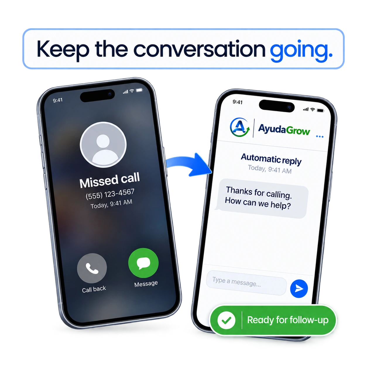 Missed call triggering an automatic text response, customer reply and saved CRM conversation.