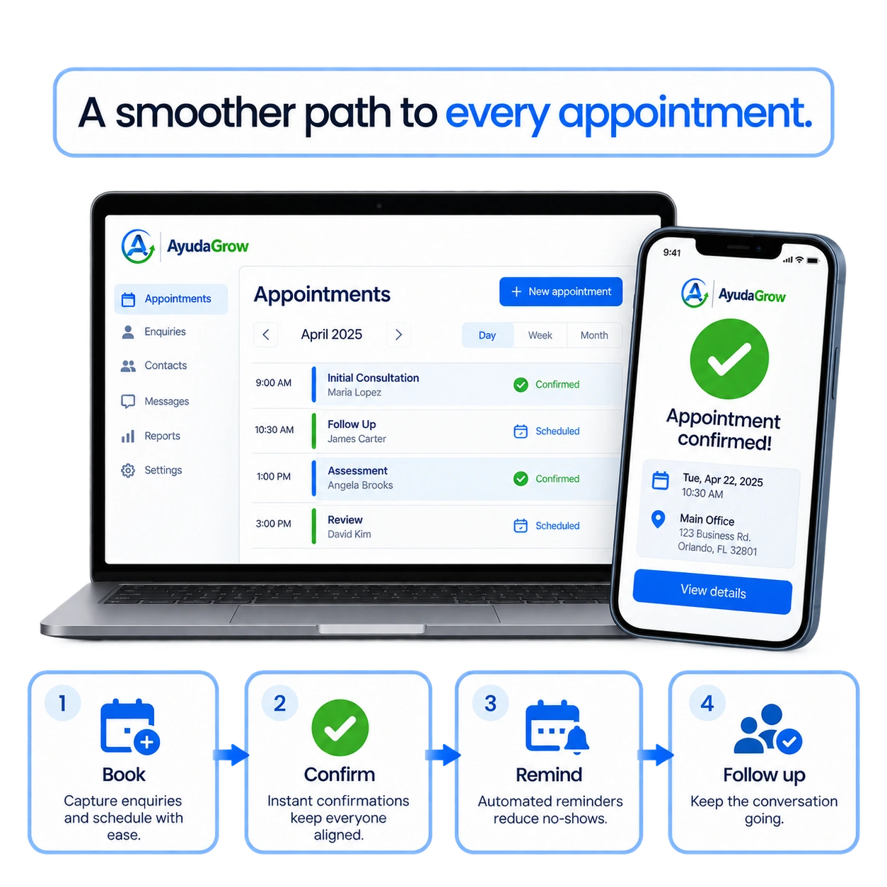 Appointment calendar with confirmation, reminder, rescheduling and no-show follow-up states.
